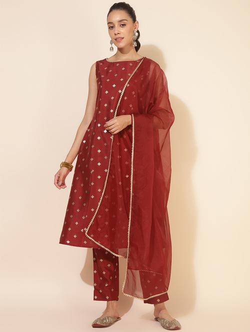 women maroon foil printed sleeveless kurta pant with dupatta set - 21660494 - Very Small Image - 1