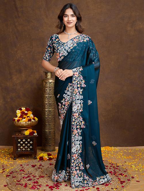 women teal embroidered saree with blouse - 21660515 - Very Small Image - 1
