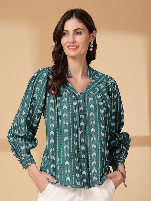 women green printed long sleeve shirt top - 21660680 - Very Small Image - 1
