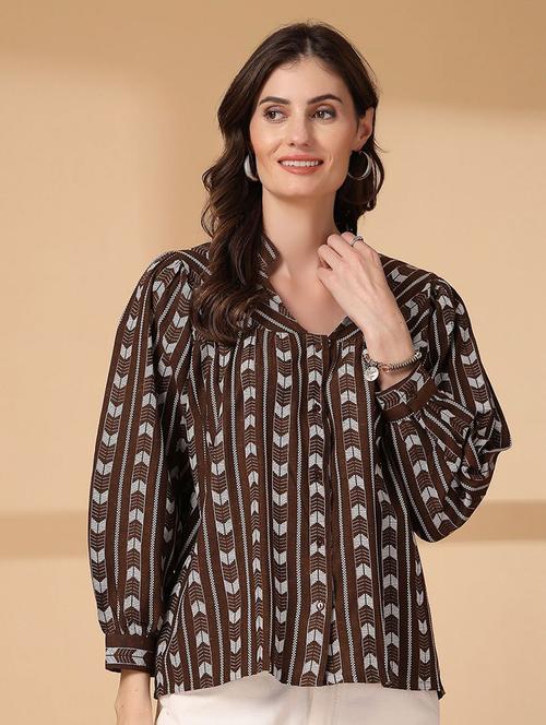 women brown printed long sleeve shirt top - 21660685 - Very Small Image - 1