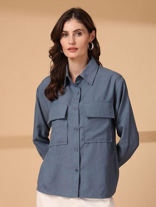 women blue solid long sleeve shirt - 21660689 - Very Small Image - 1