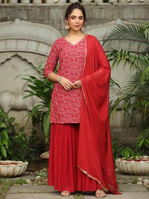 women red three quarter sleeve kurta sharara set - 21660744 - Very Small Image - 1