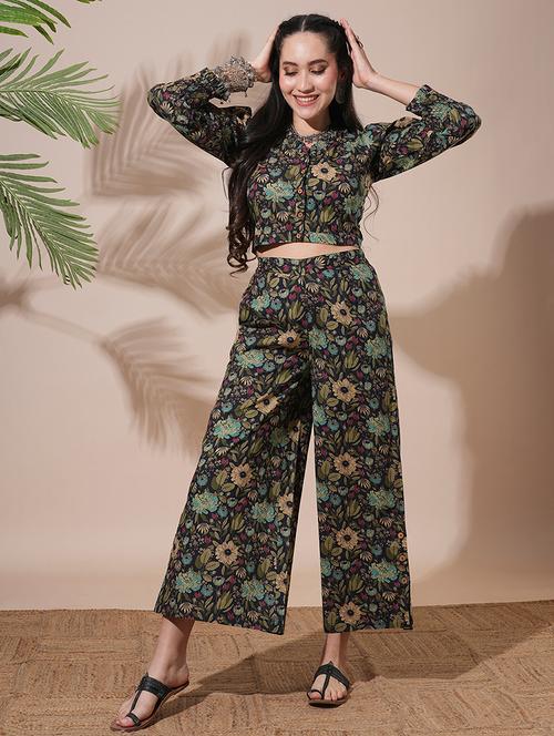 globus women black frilled v-neck floral print shirt style crop top with partially elasticated palazzos fusion co-ord set - 21660759 - Very Small Image - 1