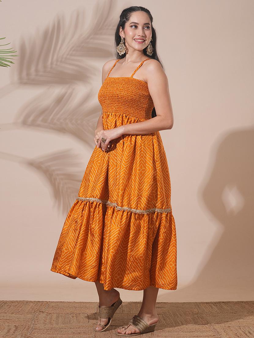 globus women yellow bandhani print strappy shoulder smocked sequin lace detailing tiered fit & flare midi fusion dress - 21660769 -  Standard Image - 1