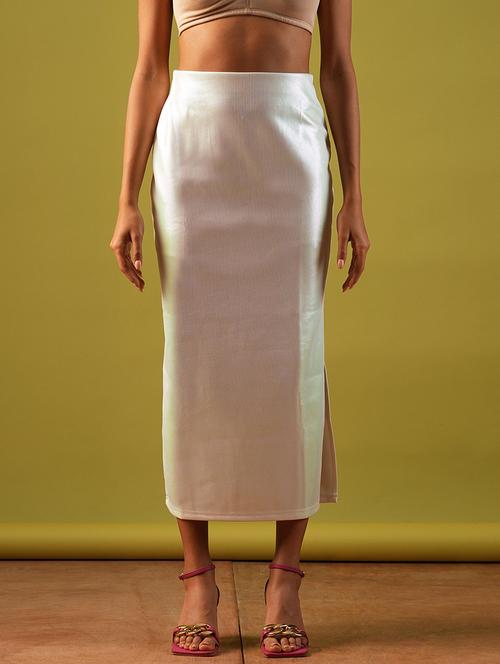 globus women metallic off white self design sheen stretchable high-rise side slit midi pencil party skirt - 21661206 - Very Small Image - 1