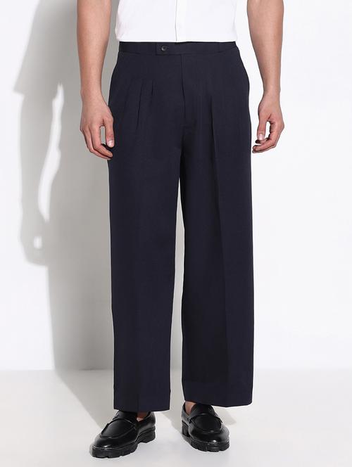 navy blue cotton blend pleated trousers formal - 21661437 - Very Small Image - 1