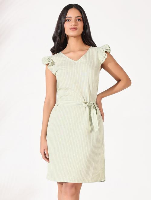 women stripes v neck a-line dress with belt - 21661500 - Very Small Image - 1