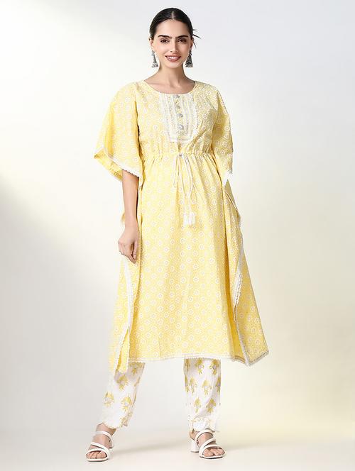 women yellow printed round neck kaftan set - 21661575 - Very Small Image - 1