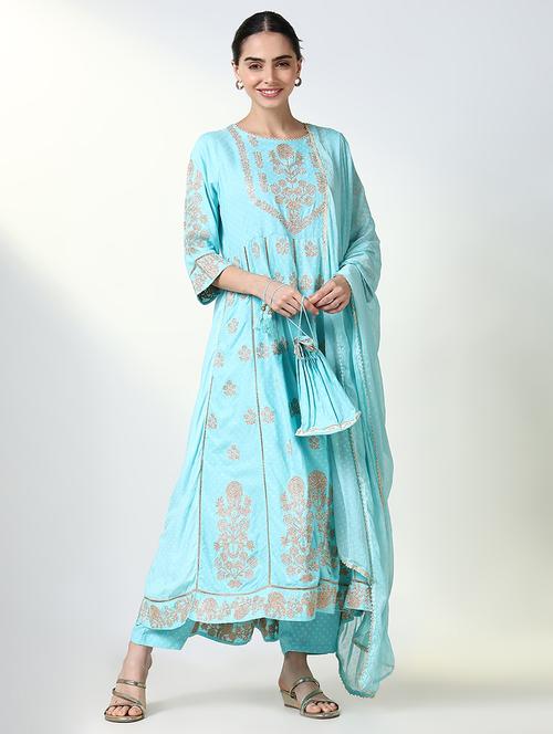 women zari work kurta pant set with dupatta - 21661579 - Very Small Image - 1