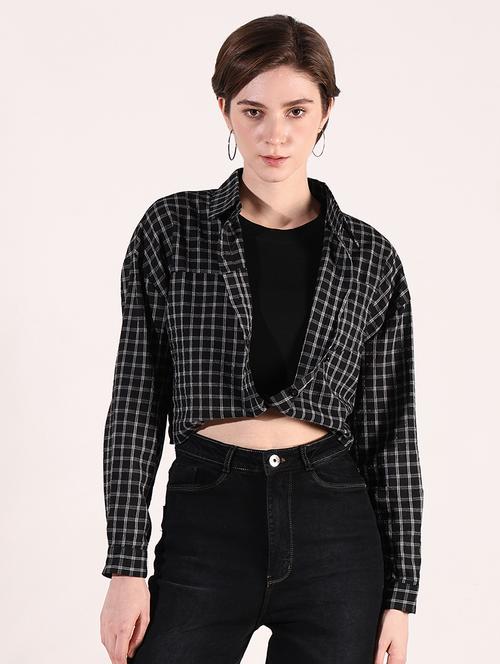 women long sleeves checkered crop shirt - 21661696 - Very Small Image - 1