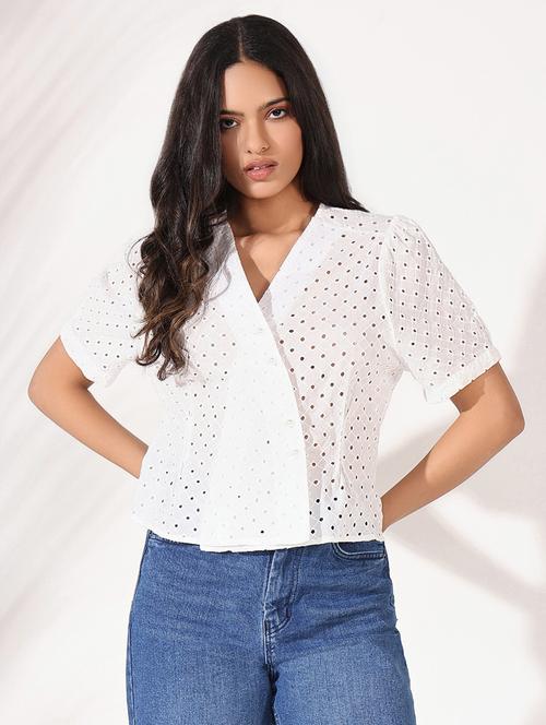 women schiffli detailed puff sleeves a-line top - 21661838 - Very Small Image - 1