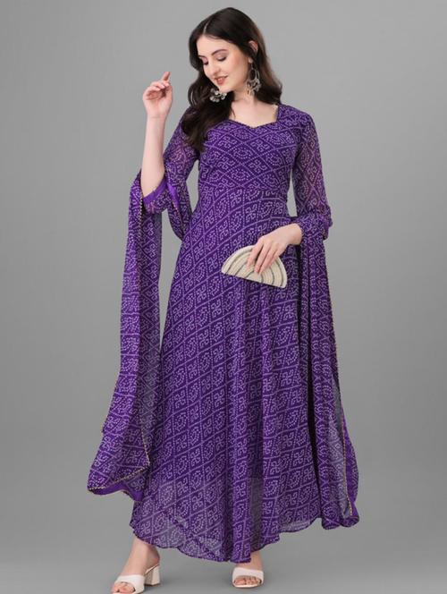 women purple bandhani print kurta dupatta set - 21662519 - Very Small Image - 1