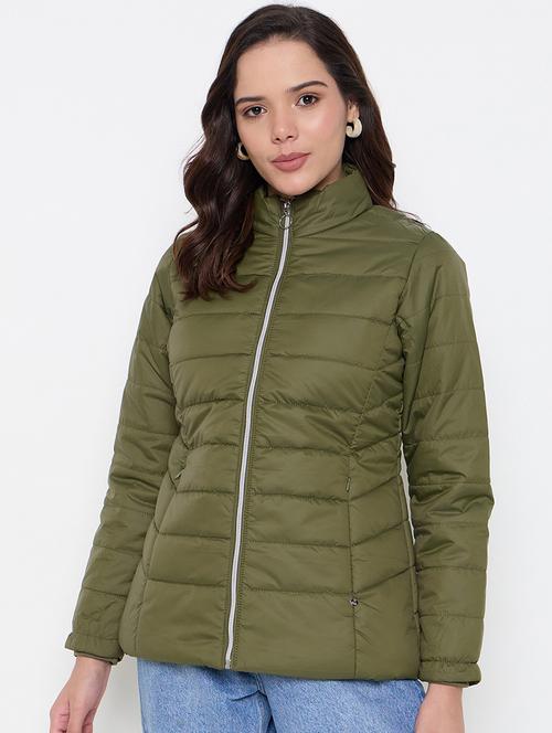 Women Solid Stand Collar Quilted Jacket - 21662523 - Very Small Image - 1
