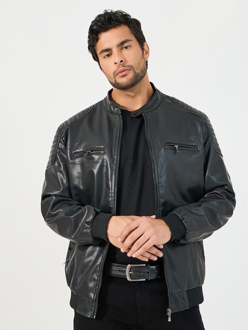 men black solid long sleeve biker jacket - 21662692 - Very Small Image - 1