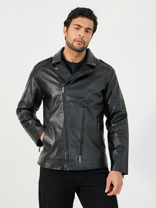 men black solid long sleeve biker jacket - 21662706 - Very Small Image - 1