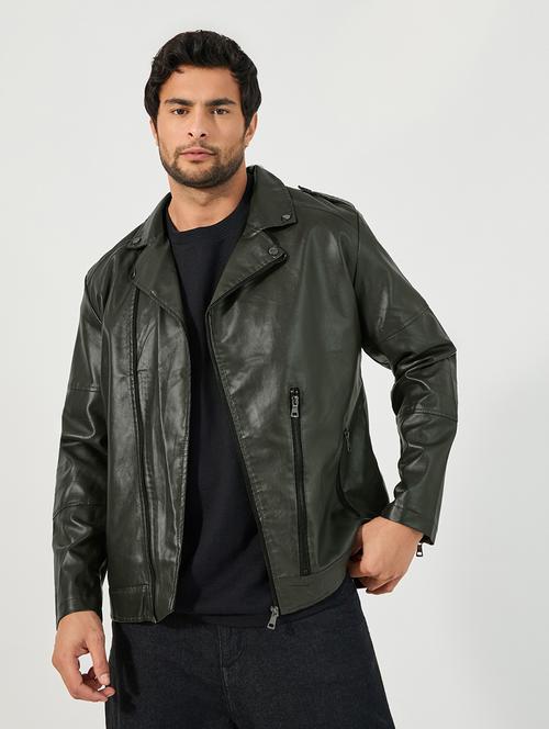 men green solid long sleeve biker jacket - 21662707 - Very Small Image - 1