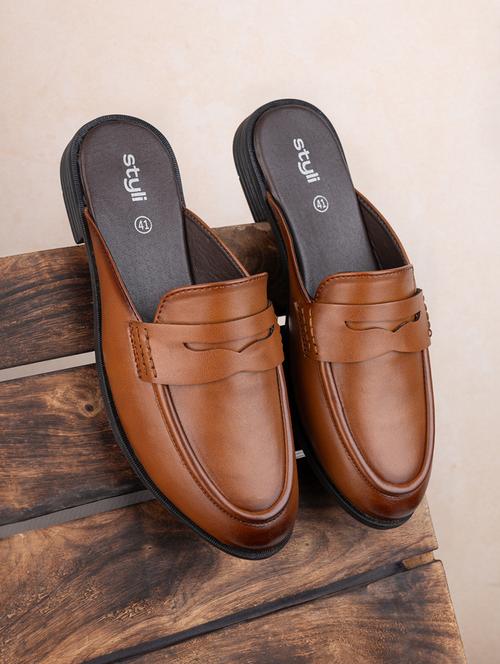 men tan solid slip on mules - 21662712 - Very Small Image - 1