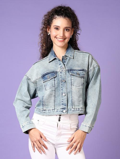 women light blue solid denim summer jacket - 21663795 - Very Small Image - 1