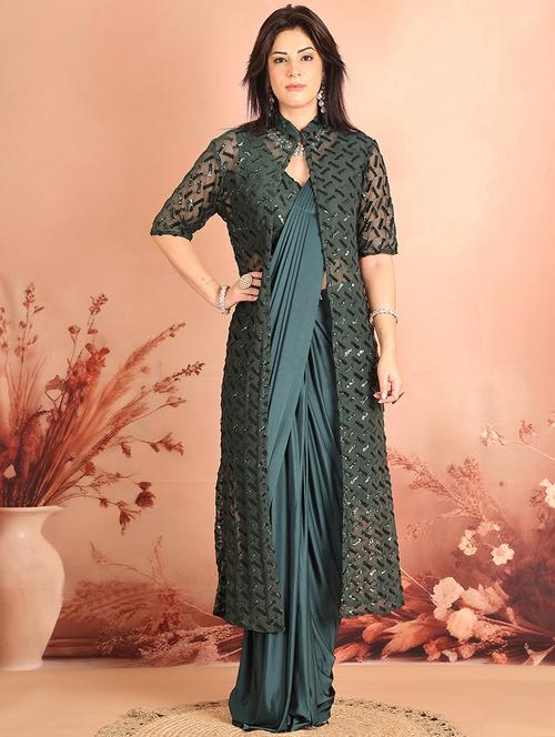 women solid ready to wear saree with shrug - 21664217 - Very Small Image - 1