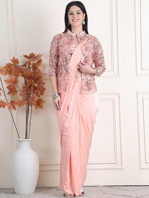 women solid ready to wear saree with shrug - 21664253 - Very Small Image - 1