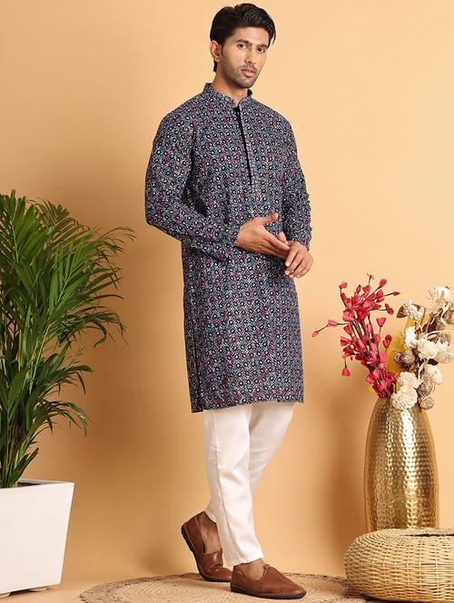 men mandarin neck embroidered kurta pyjama set - 21664858 - Very Small Image - 1