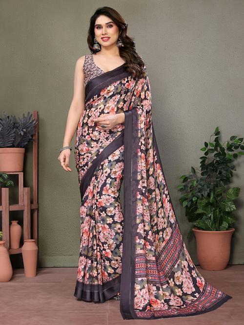 women black floral printed saree with blouse - 21664951 - Very Small Image - 1