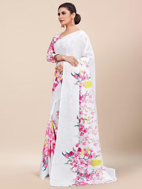 women white floral printed saree with blouse - 21665277 - Very Small Image - 1