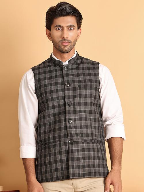 men checks mandarin neck nehru jacket - 21665463 - Very Small Image - 1