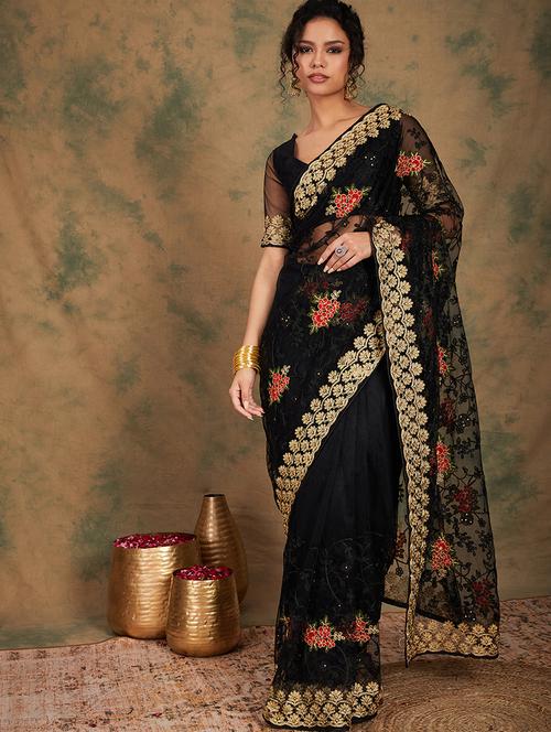 women solid with work embellished saree with blouse - 21665634 - Very Small Image - 1