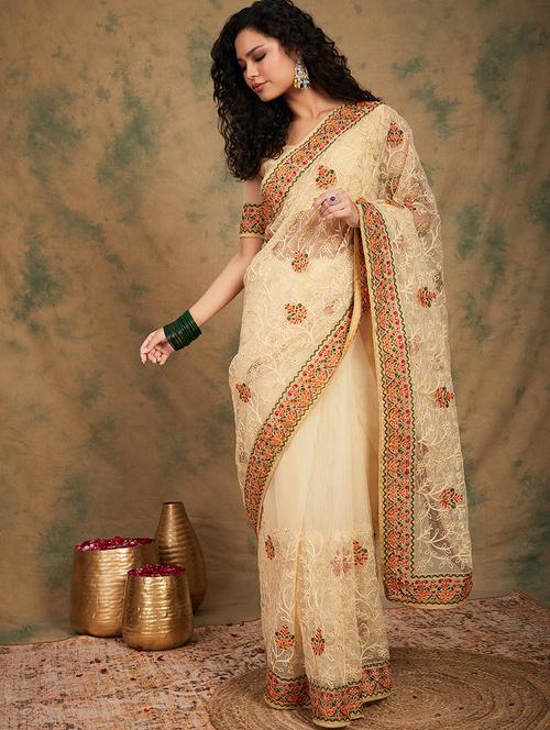 women solid with work embroidered saree with blouse - 21665639 - Very Small Image - 1