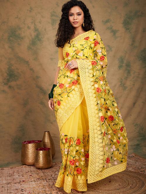 women solid with work embroidered saree with blouse - 21665651 - Very Small Image - 1