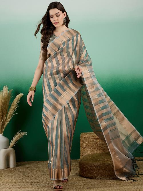 women green stripes printed saree with blouse - 21665932 - Very Small Image - 1
