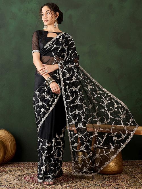 women solid with work embroidered saree with blouse - 21665966 - Very Small Image - 1