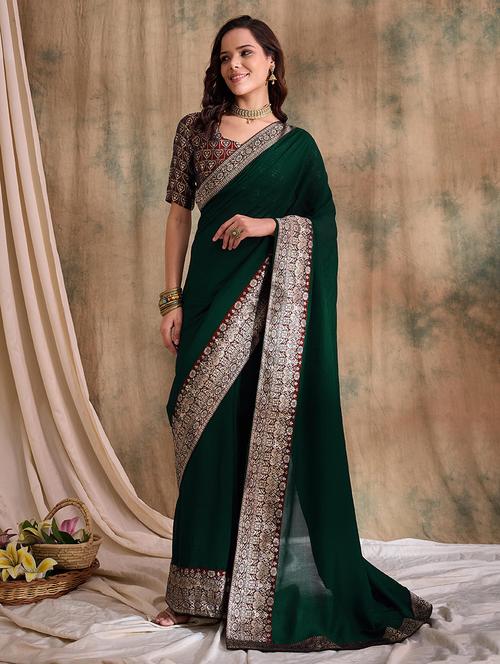 women solid with bordered saree  with blouse - 21666050 - Very Small Image - 1