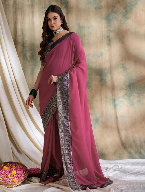 women pink solid bordered saree with blouse - 21666091 - Very Small Image - 1