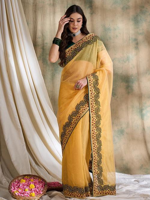 women yellow embellished saree with blouse - 21666113 - Very Small Image - 1