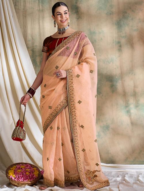 women peach embroidered saree - 21666125 - Very Small Image - 1
