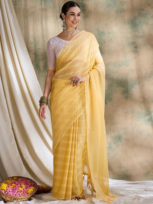 women yellow stripes printed saree with blouse - 21666133 - Very Small Image - 1