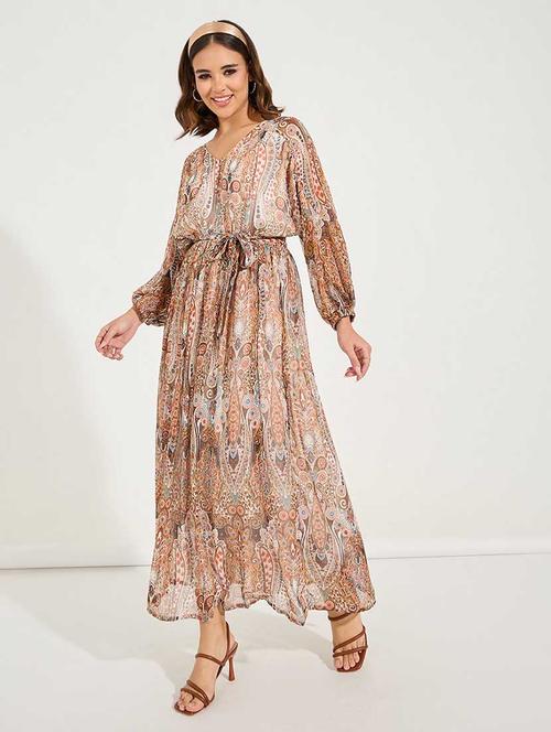 women printed puff sleeves a-line dress - 21666362 - Very Small Image - 1