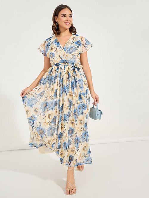 women floral print overlap neck fit & flare dress - 21666363 - Very Small Image - 1