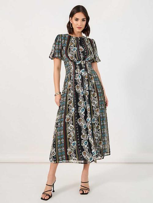 women printed puff sleeves fit & flare dress - 21666374 - Very Small Image - 1