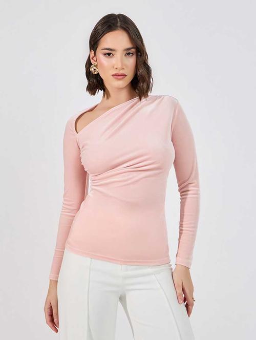 women solid asymmetric neck long sleeves top - 21666380 - Very Small Image - 1