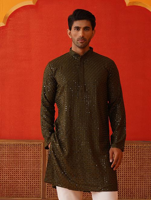 men mandarin neck sequined long kurta - 21667138 - Very Small Image - 1