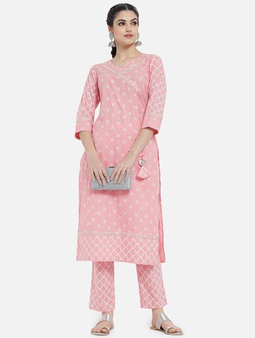 women pink printed v neck kurta pant set - 21667456 - Very Small Image - 1