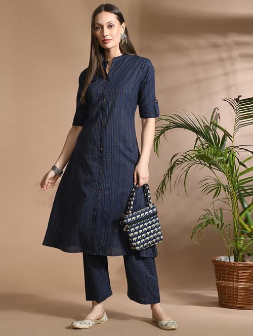 women blue stripes mandarin neck a-line kurta - 21667495 - Very Small Image - 1