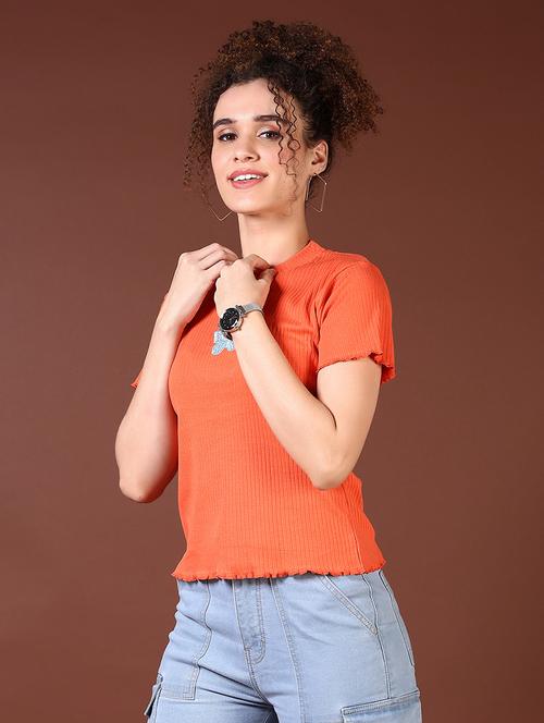 Women Orange Solid With Work Round Neck T-shirt - 21667658 - Very Small Image - 1