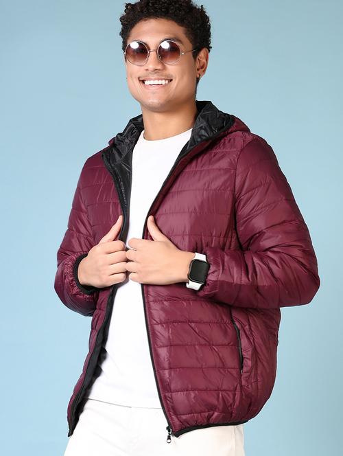 men's maroon solid hooded puffer jacket - 21667711 - Very Small Image - 1