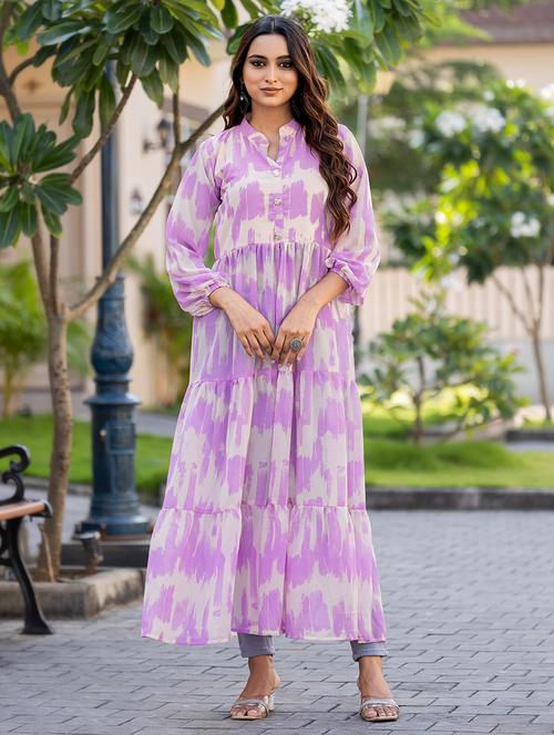 women lavender printed mandarin neck front slit kurta - 21668004 - Very Small Image - 1
