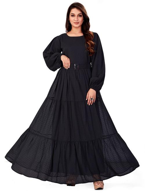 women black solid round neck tiered dress - 21668010 - Very Small Image - 1