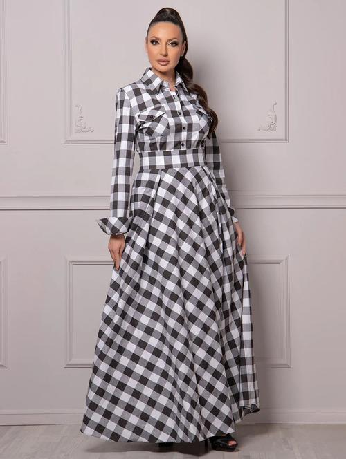 women black checks shirt collar neck a-line dress - 21668011 - Very Small Image - 1